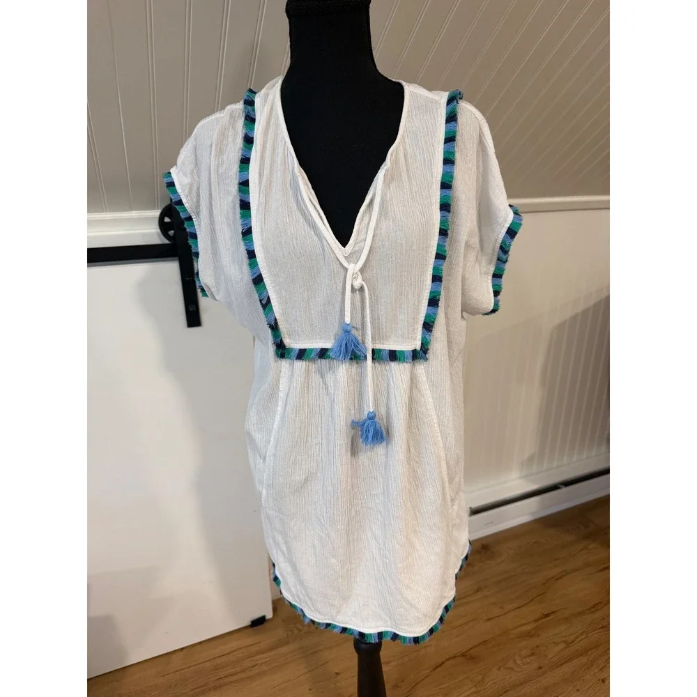 J. Crew Womens Small White Gauze Tassel Trim V-Neck Tunic Top Swim Coverup S